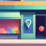 A storefront with a Google Maps pin hovering above it, the storefront is transparent and empty, with a question mark inside.