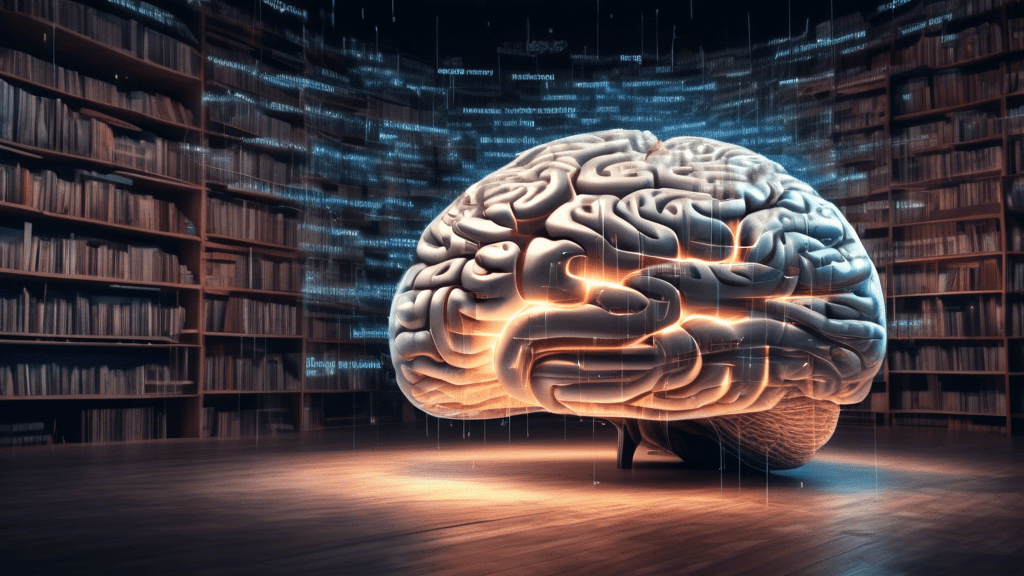A giant brain made of swirling text and code, emitting beams of light, surrounded by floating books and data visualizations.