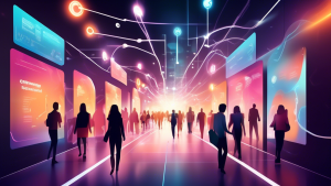 Create an image that showcases a smooth and effortless customer journey. Depict a diverse group of customers, represented as outlines moving easily through an abstract, high-tech environment with glow