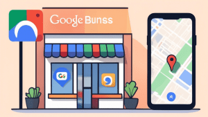 A friendly storefront with a Google Maps pin icon hovering above it and a phone with the Google My Business logo on the screen leaning against it.