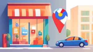 A storefront with a large Google Maps pin on it and a smartphone displaying a Create Your Business Profile screen.