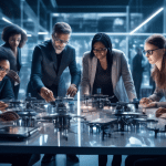 Create an image depicting a diverse group of tech innovators and AI researchers collaborating on advanced machine learning models, surrounded by futuristic technology in a high-tech lab. The atmospher