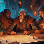 A group of adventurers gathered around a table, their faces illuminated by the soft glow of candles and the vibrant colors of dice and miniatures scattered before them. In the center of the table, a D