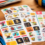 Create an image showing a hand cutting out colorful pirate-themed shipping labels with scissors. The labels could feature playful pirate icons like treasure chests, pirate ships, skull and crossbones,