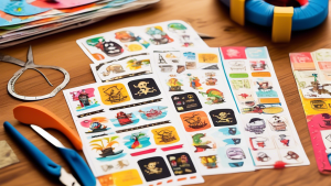 Create an image showing a hand cutting out colorful pirate-themed shipping labels with scissors. The labels could feature playful pirate icons like treasure chests, pirate ships, skull and crossbones,