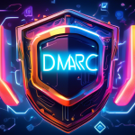A futuristic machine generating a glowing shield with the letters DMARC emblazoned on it, protecting a stream of emails.