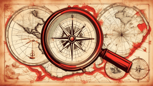 A vintage map with a magnifying glass highlighting a flight path drawn in red ink, surrounded by navigational tools like a compass and sextant.