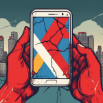 A hand holding a smartphone with a cracked screen displaying the Google My Business logo with a red X over it, set against a backdrop of a desolate cityscape.