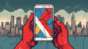 A hand holding a smartphone with a cracked screen displaying the Google My Business logo with a red X over it, set against a backdrop of a desolate cityscape.
