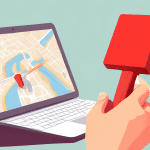 A hand reaching out from a computer screen, holding a giant red eraser about to erase a Google Maps location pin.