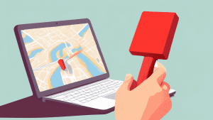 A hand reaching out from a computer screen, holding a giant red eraser about to erase a Google Maps location pin.