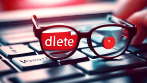A finger hovering over a red delete button on a keyboard, with a blurry Google Maps location pin and business listing reflected in their glasses.