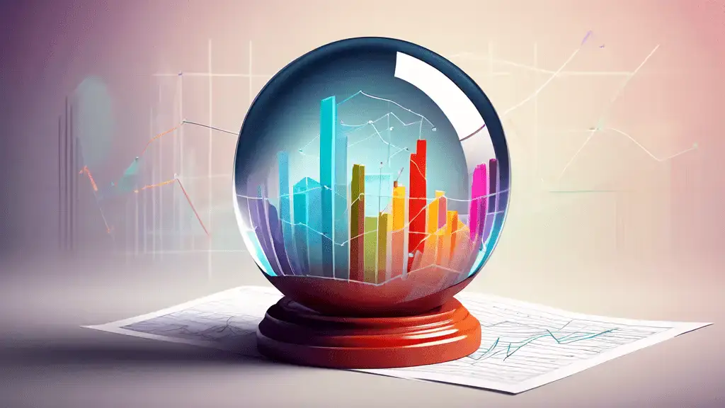 A crystal ball showing graphs and charts, predicting the future