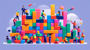 A diverse group of people easily building a website together, using colorful building blocks that represent no-code development tools.