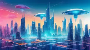 A digital blueprint of a futuristic city floating above a physical city skyline