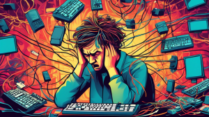 A frustrated computer user with their head in their hands, surrounded by a chaotic mess of tangled keyboard wires and a giant sticky key stuck to their forehead.
