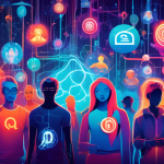 Image prompt: A vibrant, futuristic illustration showing a diverse group of people connected through glowing threads, with the Reddit logo prominently displayed in the center, surrounded by various ic