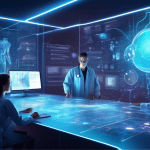 Create an image showing an artificial intelligence concept. Depict a futuristic research lab where scientists and AI developers are working together with advanced computers and holographic displays. T
