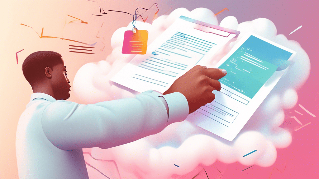 A hand signing a digital document with a price tag attached, floating in a cloud interface.