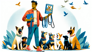 A dog walker holding a leash in one hand and a book titled Pet Industry Secrets in the other, with a confident smile, surrounded by different dog breeds looking at them admiringly.