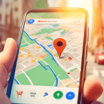 A smartphone displaying a map with a prominent Google Business Profile pin hovering over a bustling city street scene in the USA, bathed in warm sunlight.