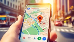 A smartphone displaying a map with a prominent Google Business Profile pin hovering over a bustling city street scene in the USA, bathed in warm sunlight.