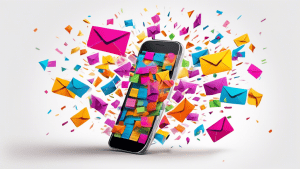 DALL-E prompt: A mobile phone surrounded by a protective shield, deflecting a barrage of colorful, unwanted spam messages and notifications in the shape of envelopes and exclamation marks against a wh