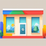 A Google Maps pin icon transforming into a storefront with the Google G logo on the window.