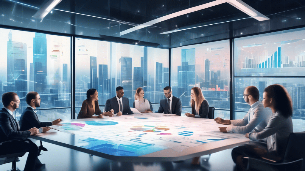 Create an illustrative scene showcasing a dynamic business meeting room, with diverse professionals engaged in discussion around a large table filled with charts, graphs, and pricing strategy document
