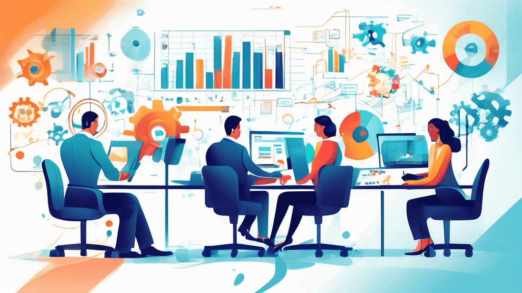 Create an illustration that depicts a modern business office setting where various lead management strategies are visually represented. Show professionals using advanced technology, such as CRM softwa