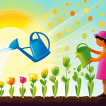 A gardener gently watering a row of colorful sprouts with a watering can, with a bright sun shining overhead.