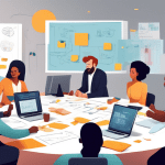 Create an image depicting a collaborative team in a modern office, where diverse individuals are engaged in problem-solving activities. Show them using strategies such as brainstorming, analyzing data