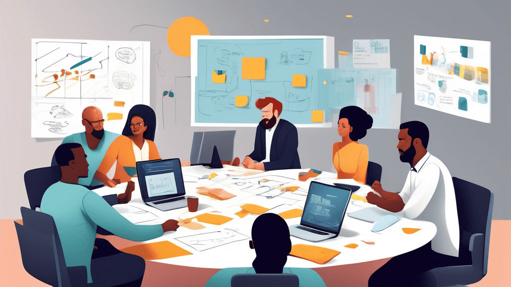 Create an image depicting a collaborative team in a modern office, where diverse individuals are engaged in problem-solving activities. Show them using strategies such as brainstorming, analyzing data