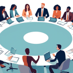 Create an illustration of a diverse group of professionals engaged in a collaborative meeting around a large circular table. The scene should depict various forms of engagement, such as individuals ac