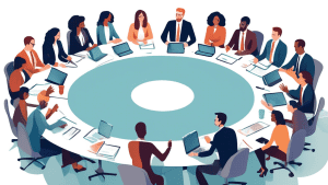 Create an illustration of a diverse group of professionals engaged in a collaborative meeting around a large circular table. The scene should depict various forms of engagement, such as individuals ac