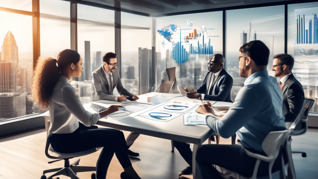 Create an image that illustrates 'Effective Strategies for Thriving in a Competitive Market' by showing a dynamic business scene. Include key elements such as a diverse team collaborating over a table