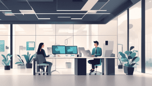 Create an illustration of a modern office with a sleek, minimalist design where employees are using advanced billing software on computers and tablets. The scene should convey a sense of efficiency an