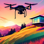 A drone with a camera hovering over a modern house on a hilltop at sunset