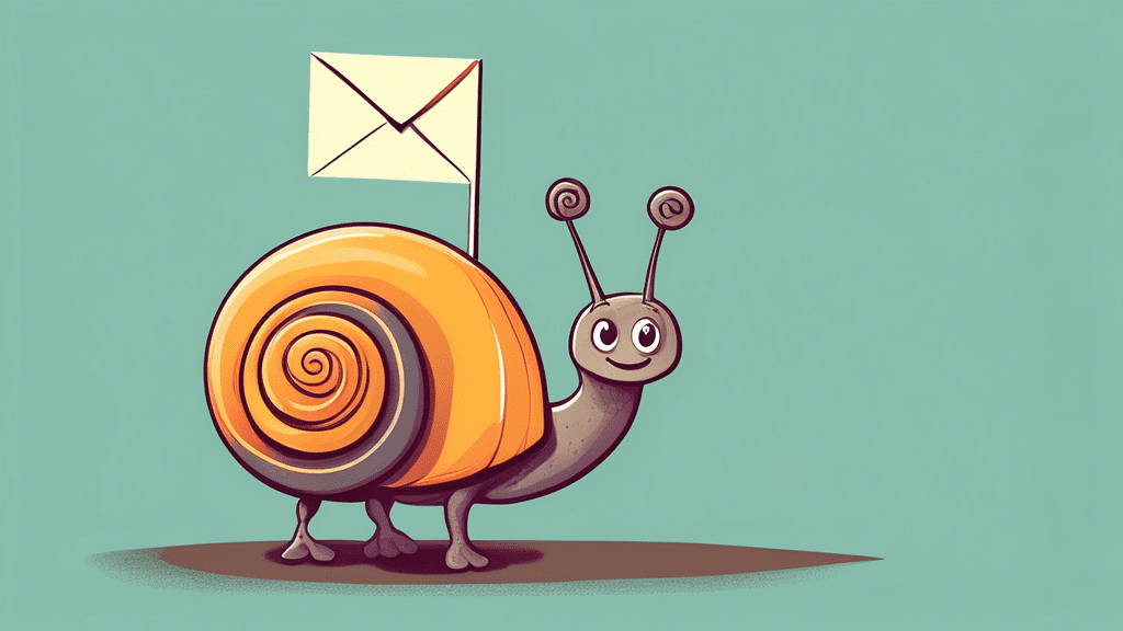 A whimsical illustration of a friendly snail carrying an envelope with a small flag that reads Email on its back.