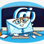 A friendly cartoon envelope wearing glasses sitting at a computer with a large @ symbol on the screen.