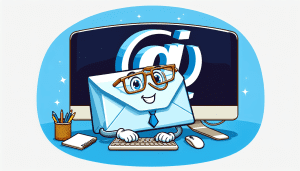 A friendly cartoon envelope wearing glasses sitting at a computer with a large @ symbol on the screen.