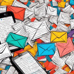 A cluttered email inbox overflowing with crumpled paper messages transforming into organized lines of text messages on a smartphone screen.