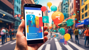 A smartphone displaying a Google Business Profile with a live chat bubble open, overlaid on a bustling city street scene.
