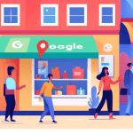 A friendly storefront with a cheerful owner helping a customer, with a giant Google Maps pin icon hovering nearby and a group of diverse people happily interacting in the background.