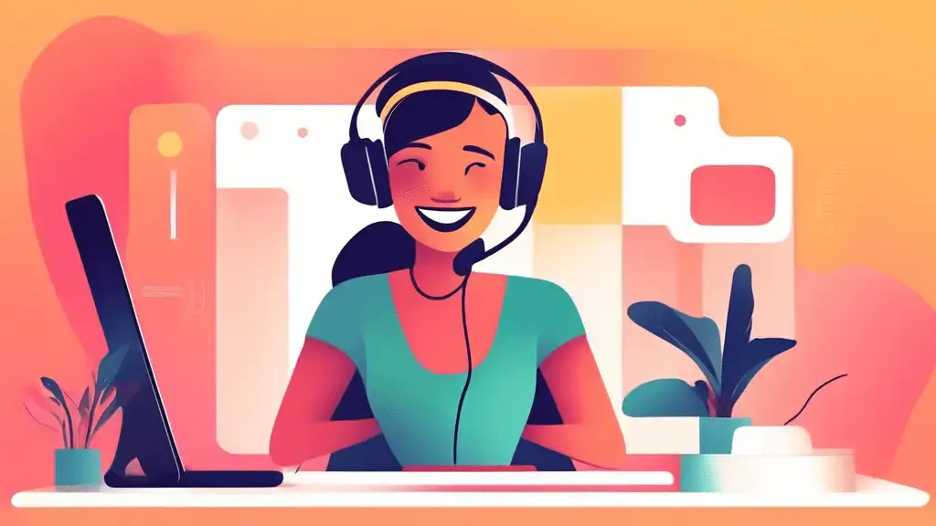 Prompt: A smiling customer service representative wearing a headset, sitting in front of a computer screen that displays the Squarespace logo and a live chat interface, ready to engage with customers