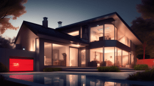 Create a detailed digital illustration of a modern home exterior at dusk, featuring advanced security measures. Show smart home security cameras with red indicator lights, motion-sensor lights illumin