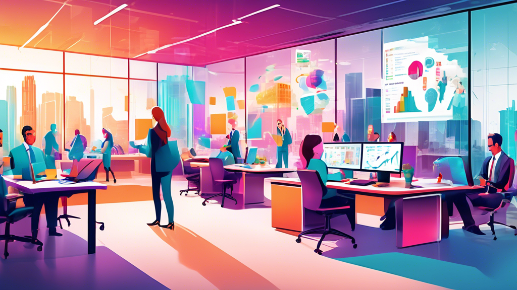 Create a detailed and vibrant illustration of a modern office setting where business professionals are engaged in various strategic activities. Include elements such as digital dashboards displaying p