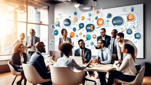 Create a high-resolution image of a diverse group of business professionals engaging in a lively discussion and brainstorming session in a modern office setting. Incorporate visual elements such as sp