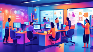 A detailed illustration of a modern, vibrant customer service center. Show smiling customer service representatives interacting with diverse customers through various channels: in-person, through call