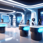 A futuristic customer service center with sleek, modern design, where friendly humanoid robots and advanced AI interfaces assist customers. The scene should depict various automated support systems, s